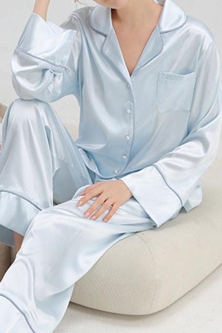 Mellow Zzz Women 2pcs Pajama Sets Long Sleeve Satin Pajamas Set Classic Button Down Sleepwear Set Blue