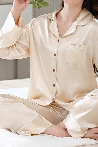 Mellow Zzz Women 2pcs Pajama Sets Long Sleeve Satin Pajamas Set Classic Button Down Sleepwear Set Blue